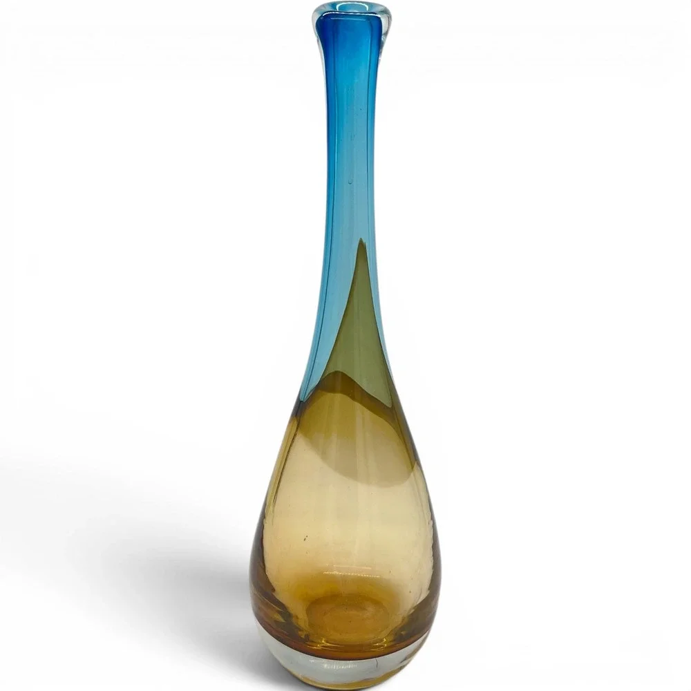 Sommerso Style Glass Vase Blue‎ Amber Teardrop Mid Century Modern 15.5